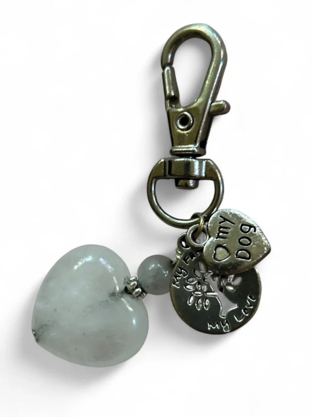 Pale Green Heart Keychain Charm with “My Love.. Dog & Family”